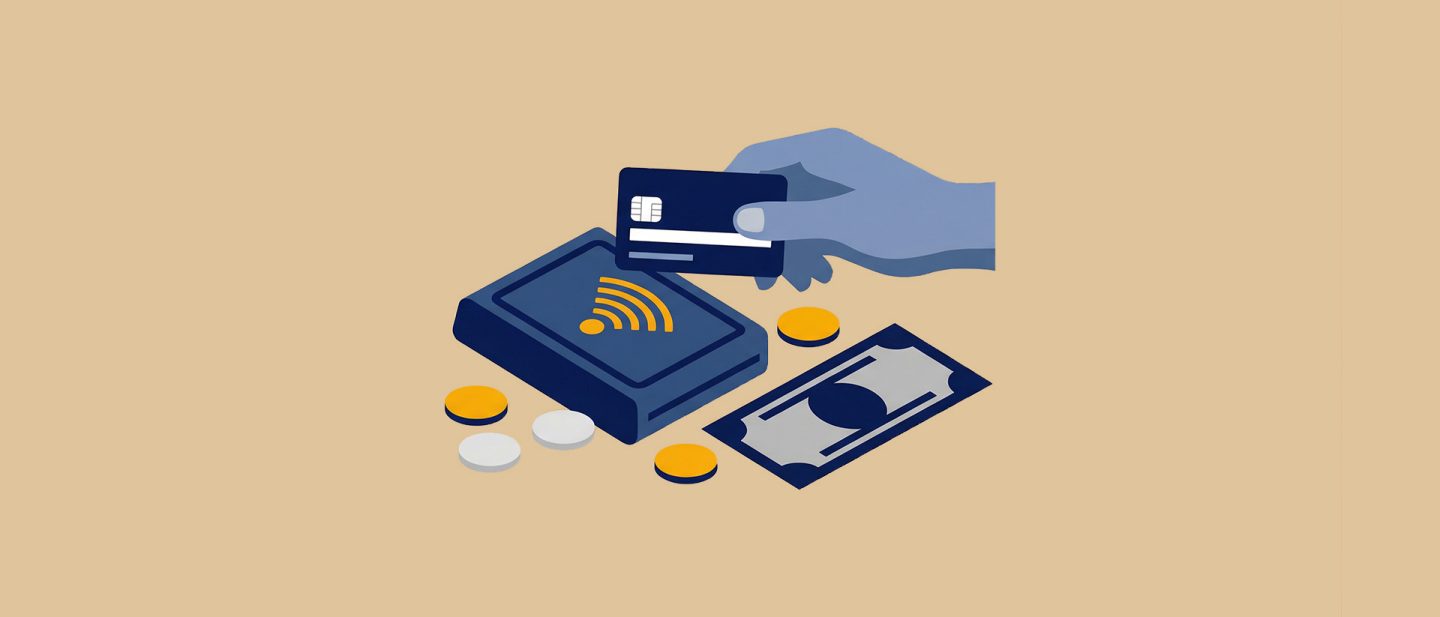 Illustration einer Hand beim kontaktlosen Bezahlen mit Karte an einem Terminal, daneben Münzen und ein Geldschein