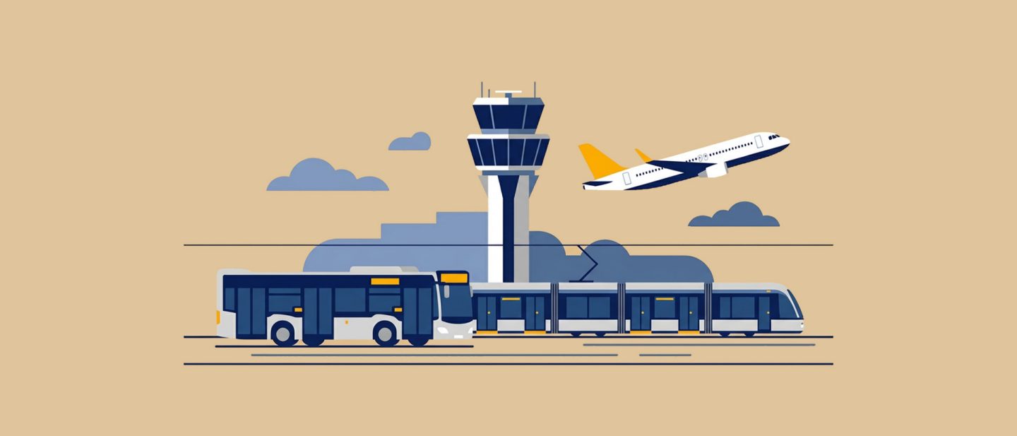 Illustration eines Flughafens mit Tower, startendem Flugzeug sowie Bus und Straßenbahn im Vordergrund