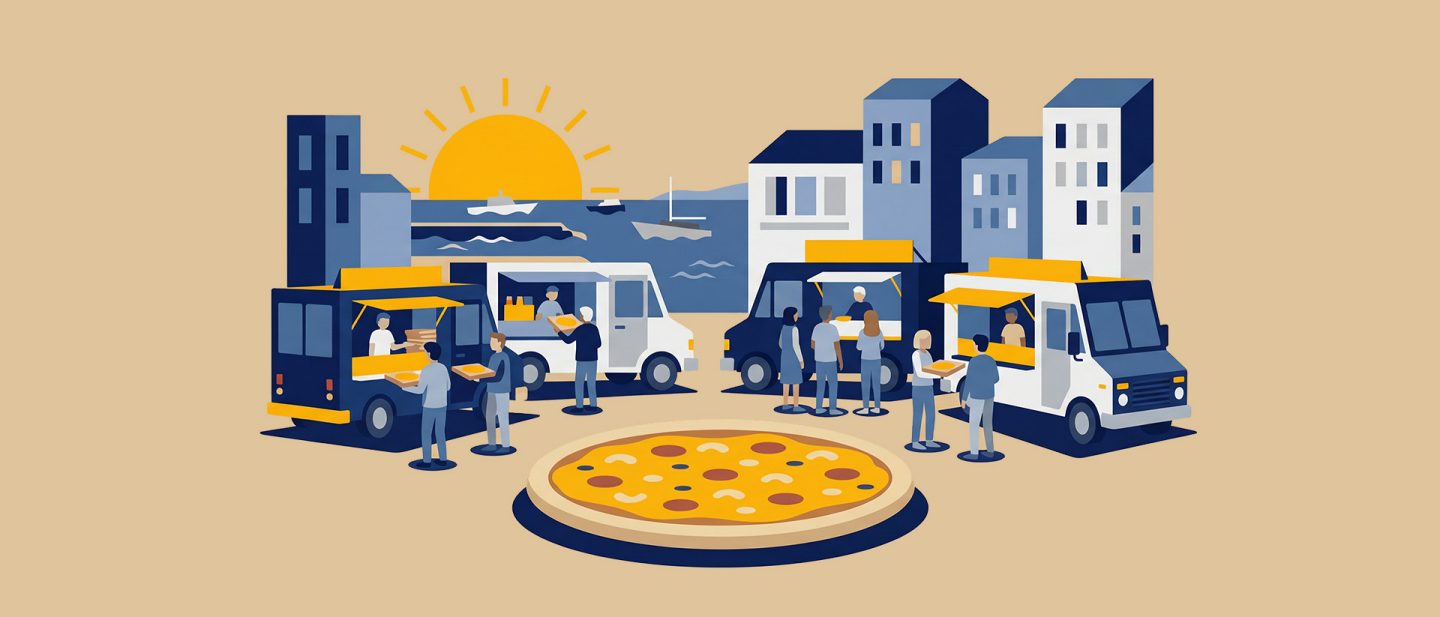 Illustration eines Pizza-Foodtruck-Festivals am Meer bei Sonnenuntergang mit einer großen Pizza im Vordergrund