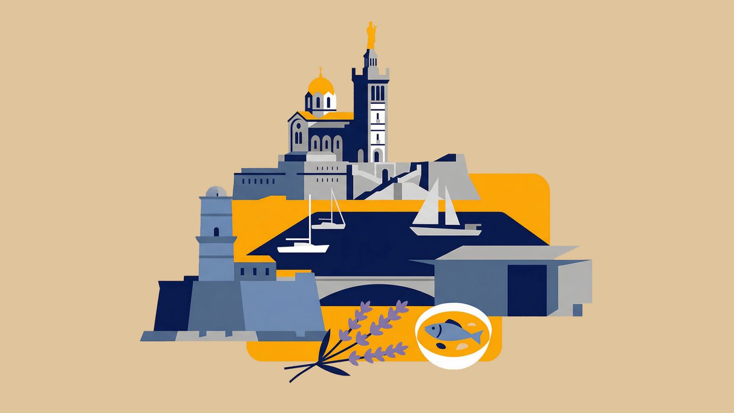 Illustration einer Collage von Marseille mit der Basilika Notre-Dame de la Garde, dem Hafen, Lavendel und Bouillabaisse