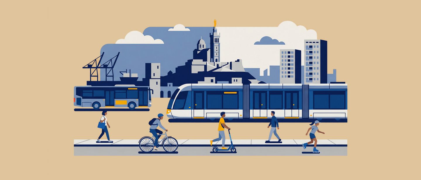 Illustration einer Stadtszene in Marseille mit Bus, Bahn, Radfahrer und der Basilika im Hintergrund