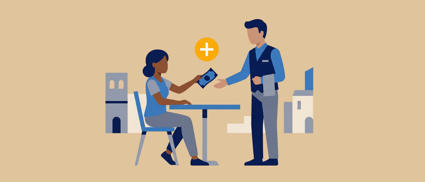 Illustration einer Frau, die einem Kellner in einem Restaurant Trinkgeld gibt, mit einem Plus-Symbol über dem Geldschein