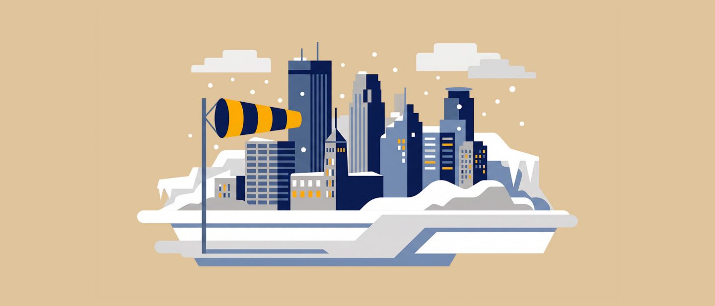 Illustration of a snowy cityscape with tall buildings and a large windsock under cloudy skies.