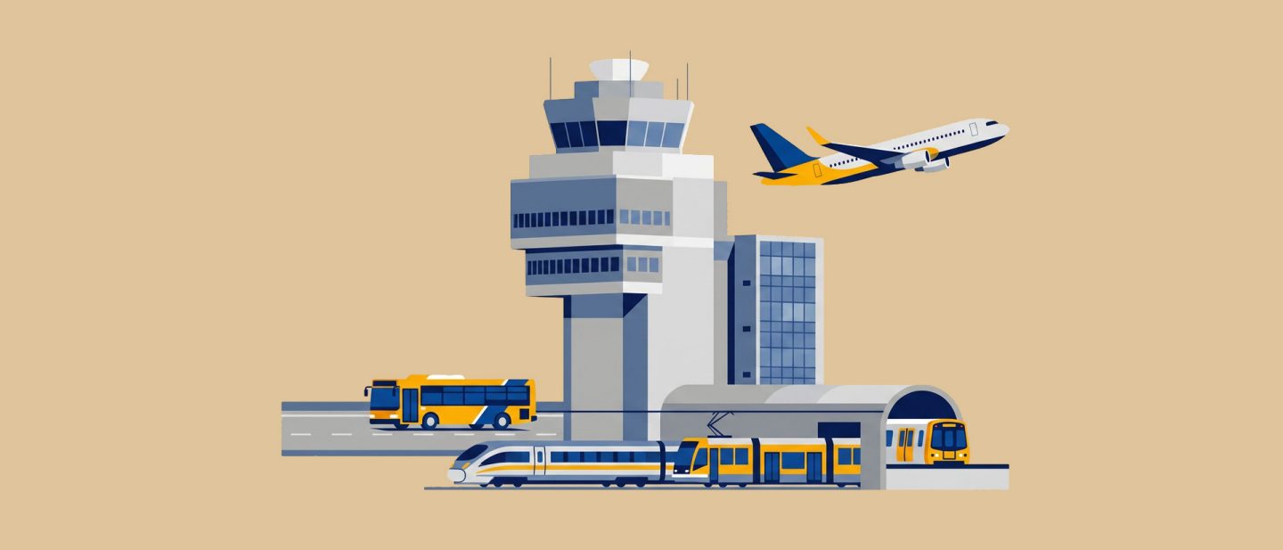 Illustration of an airport control tower with a plane, bus, train, and metro in yellow and blue colors.