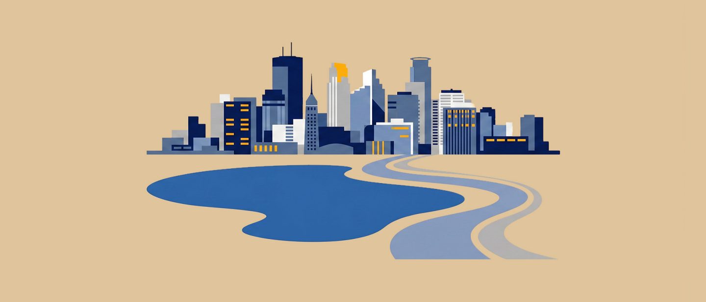 Illustration of a city skyline with tall buildings, a blue body of water, and winding roads on a beige background.