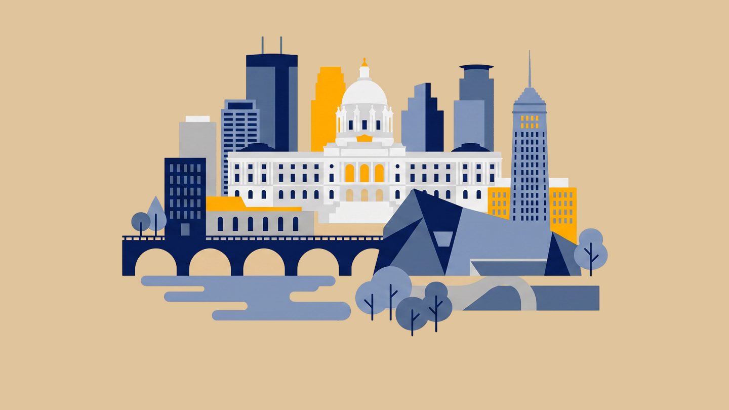 Illustration of a stylized city skyline with iconic buildings, a bridge, trees, and a river in blue, gray, and yellow tones.
