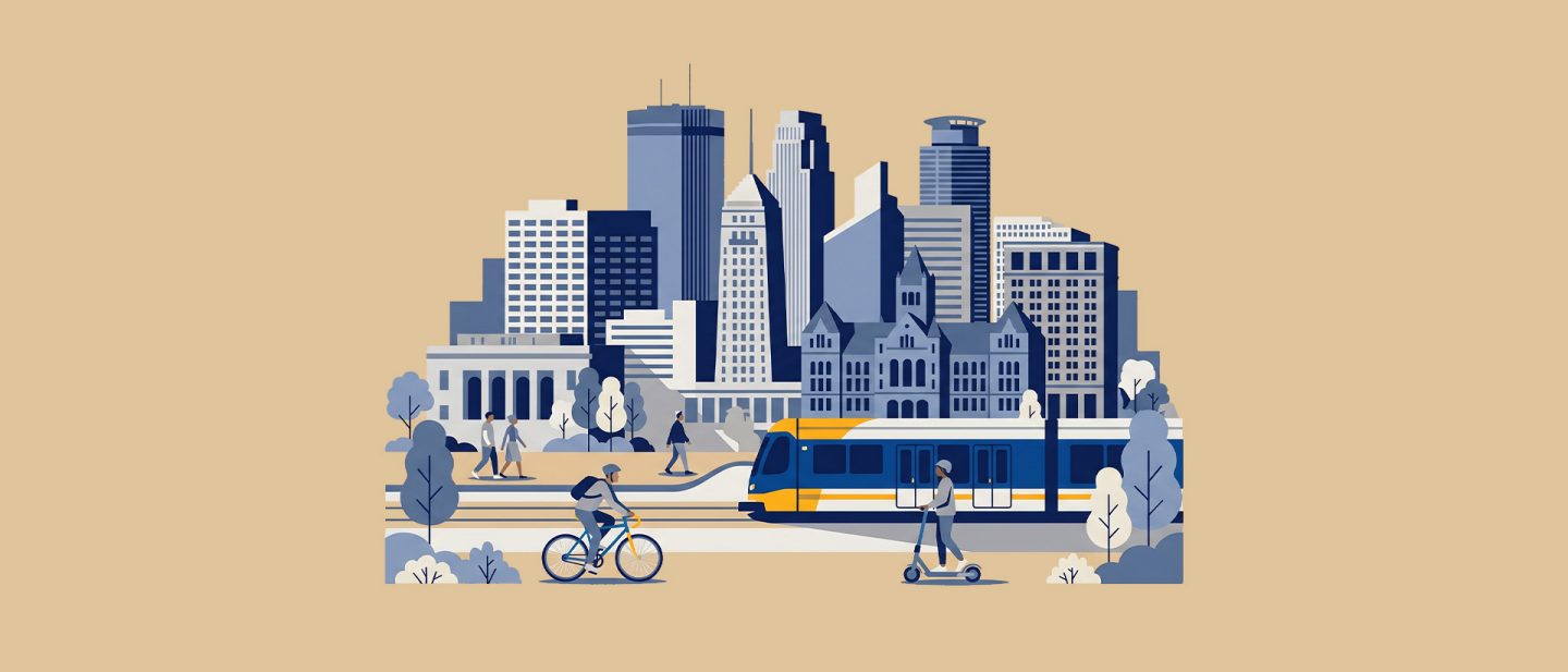 Illustration of a cityscape with modern buildings, people walking, a cyclist, scooter rider, and a light rail train.