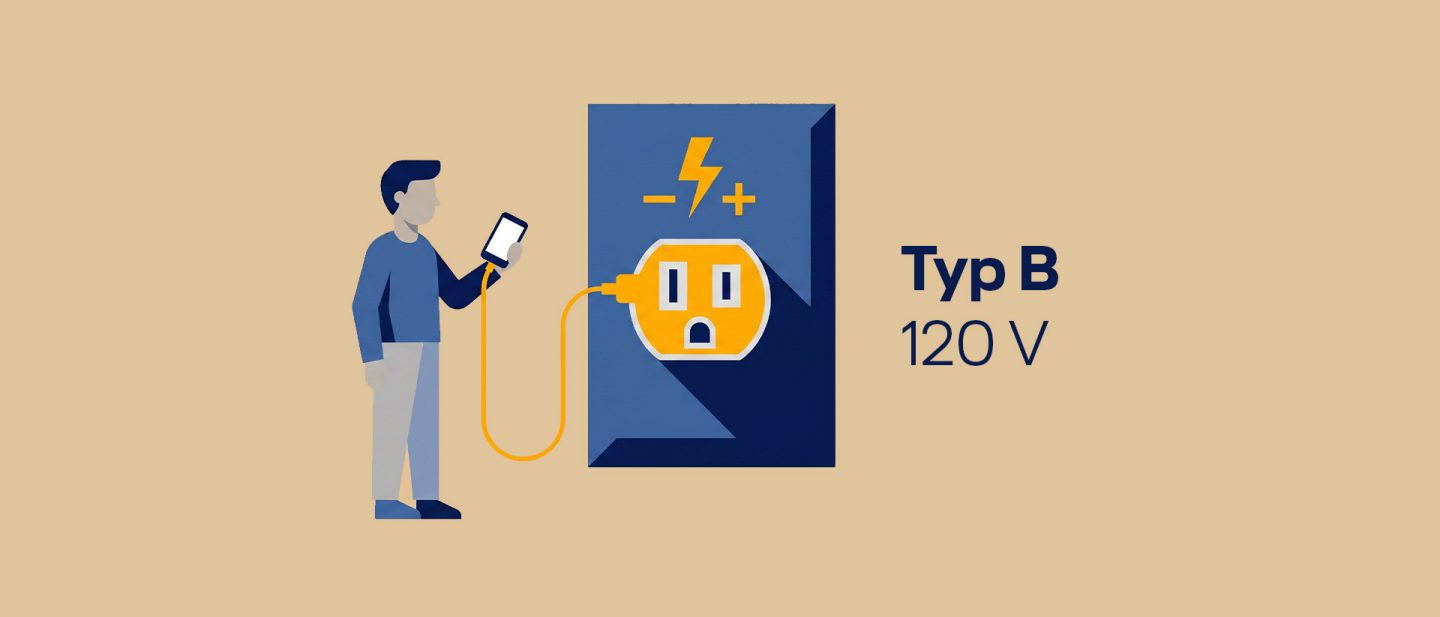 Illustration of a person charging a device using a Type B 120V electrical outlet with a blue background panel.