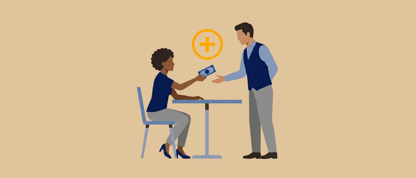 Illustration of a woman handing money to a man standing near a table with a plus symbol above them.