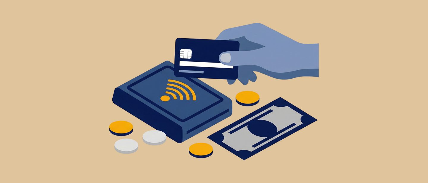 Illustration of a hand holding a credit card over a contactless payment terminal, with coins and bills nearby.