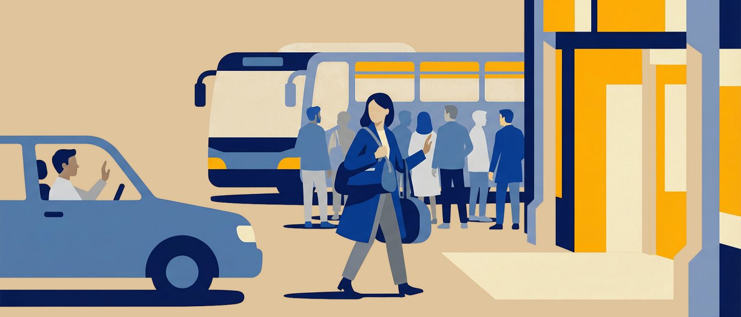 Illustration of people getting on a bus at a bus stop, while a driver waves from a nearby car.
