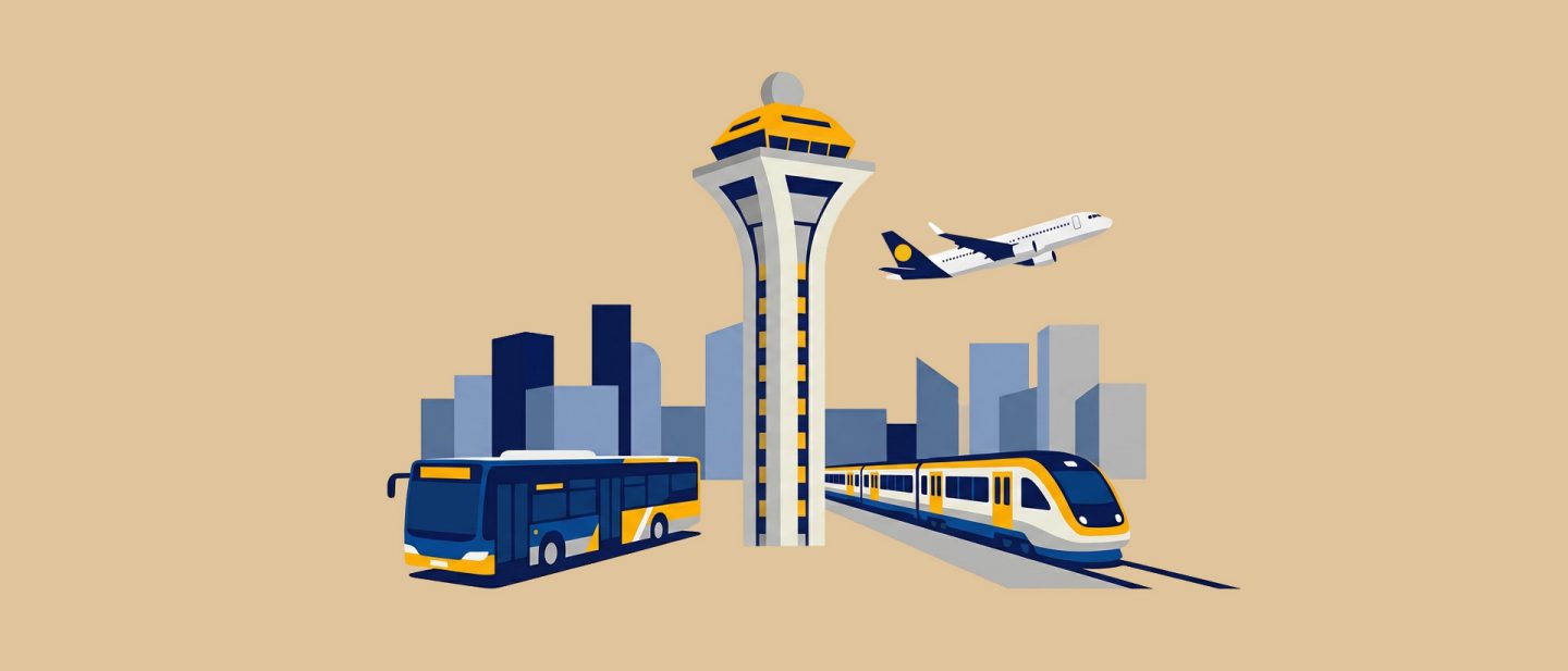 Illustration of an airport control tower with a bus, train, airplane, and city skyline in the background.