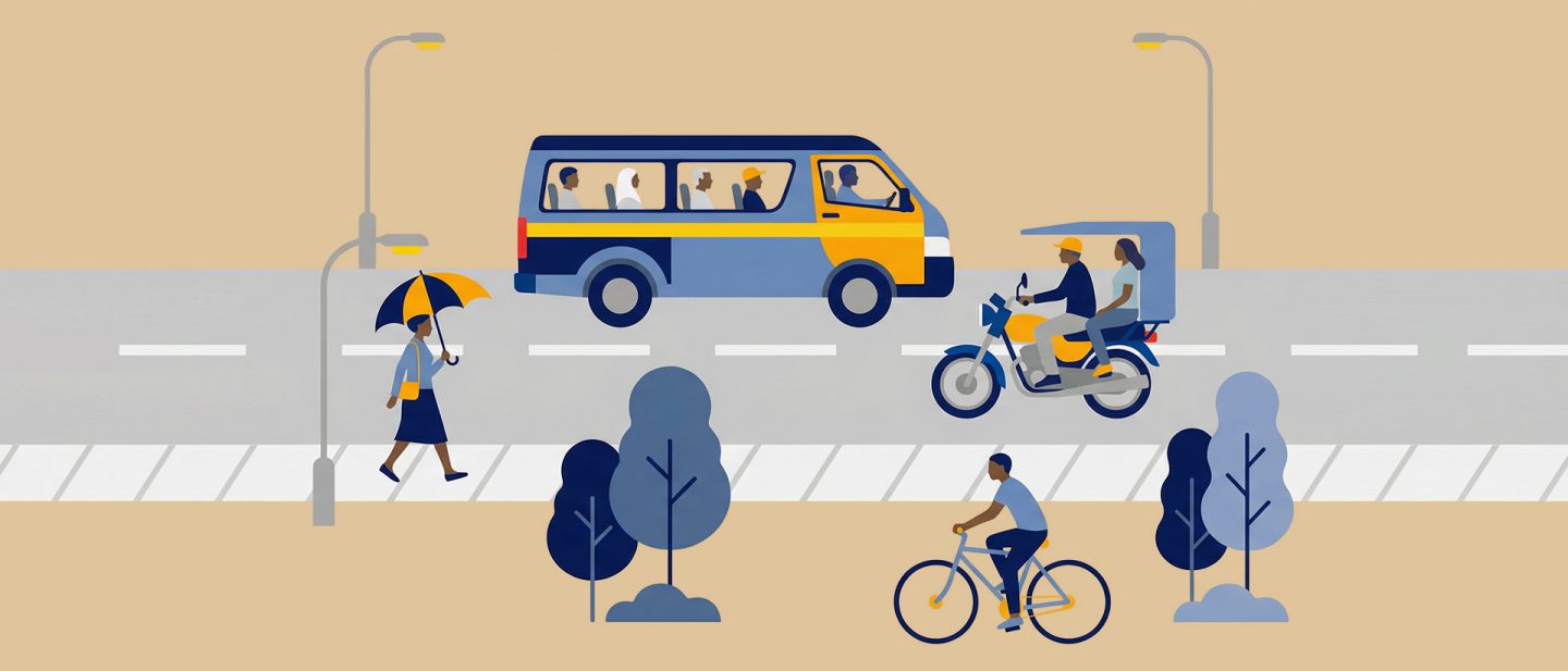 Illustration of various people commuting by van, motorbike, bicycle, and with an umbrella on a city street.