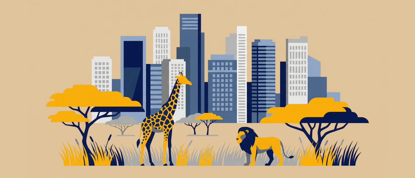 Illustration of a giraffe and lion in savanna grassland with acacia trees and city skyscrapers in the background.