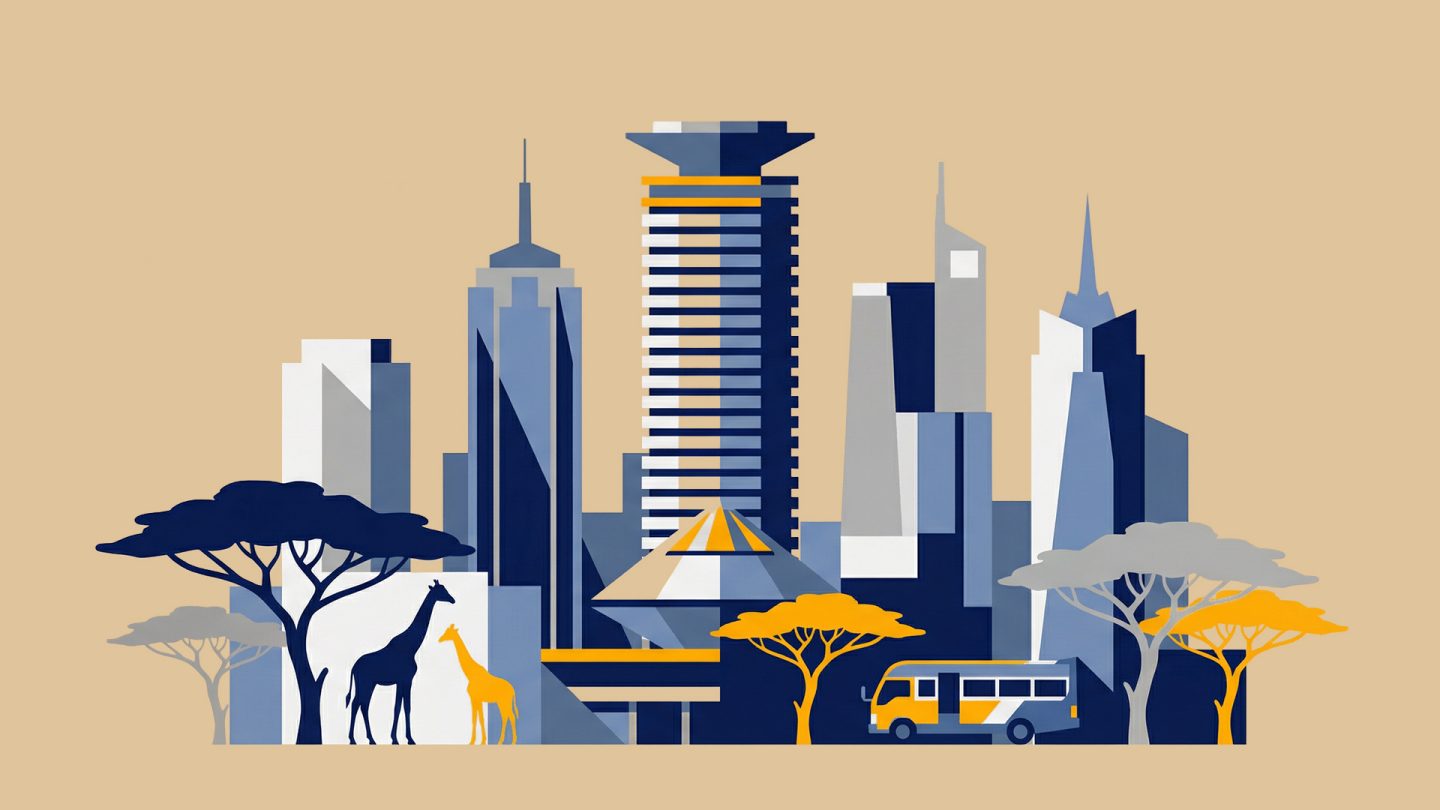 Illustration of a giraffe and a lion in the savanna with acacia trees and city skyscrapers in the background.