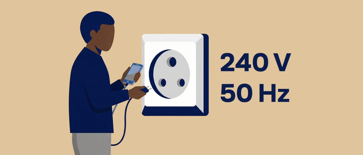 Illustration of a person holding a phone and plugging it into a 240V 50Hz electrical outlet on a beige background.