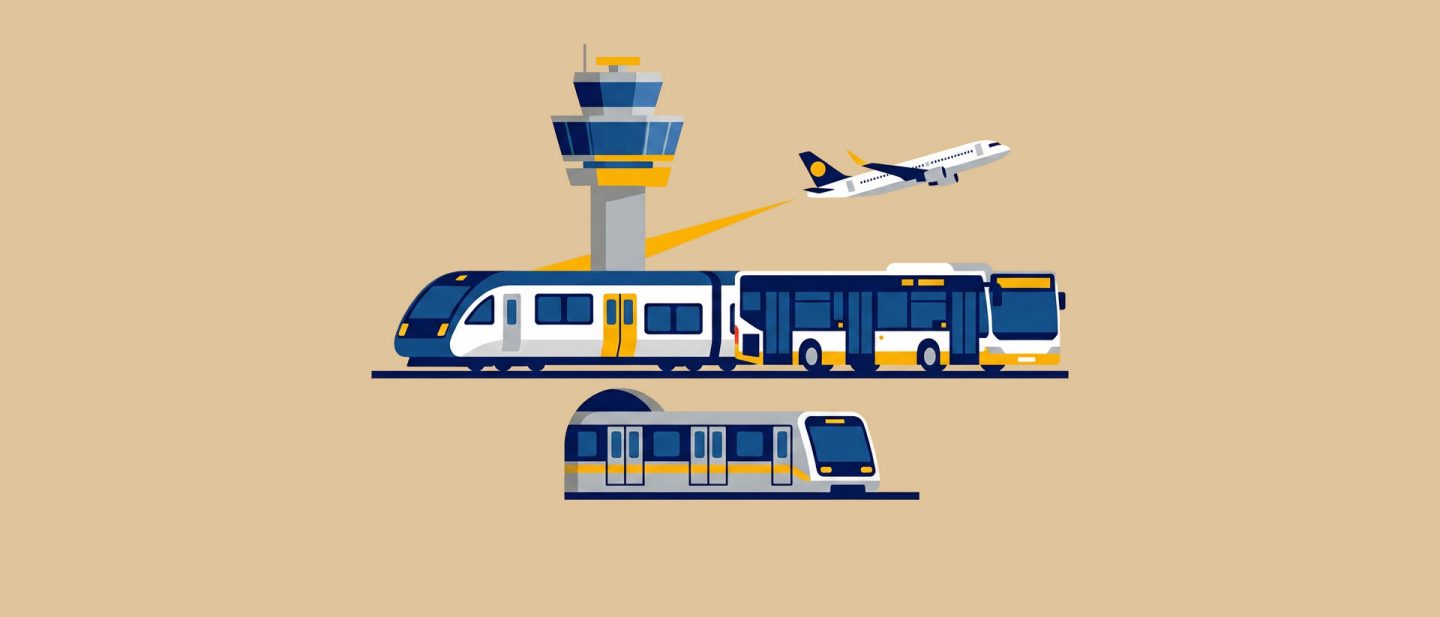 Illustration of airport transportation showing a plane, control tower, train, bus, and subway train on a beige background.