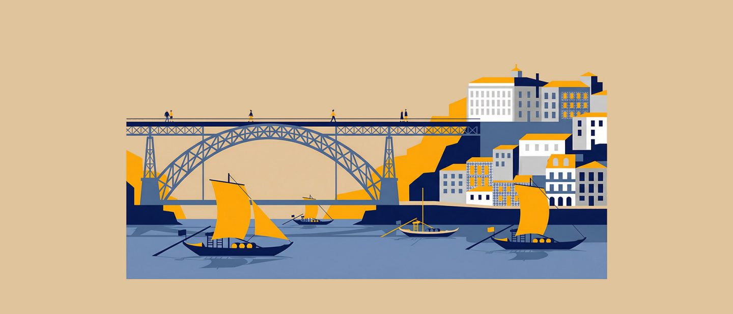 Illustration of a coastal city with boats sailing under a large iron bridge and buildings on a hillside.