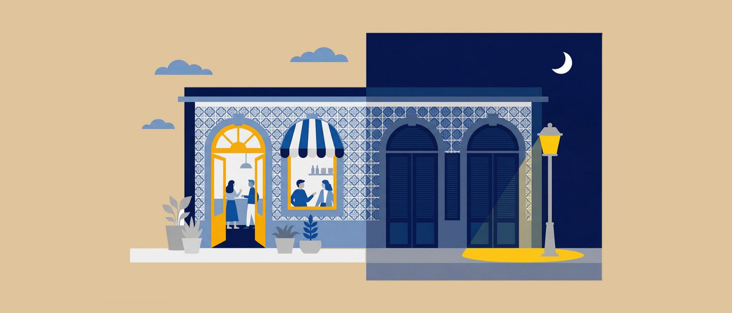 Illustration of a café with people inside during the day and a closed storefront with streetlight at night.