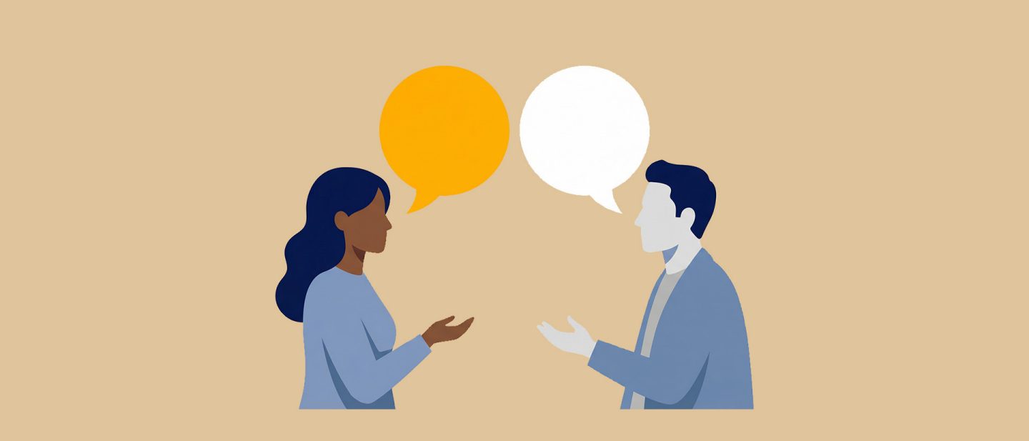 Illustration of a man and woman having a conversation with speech bubbles on a beige background.