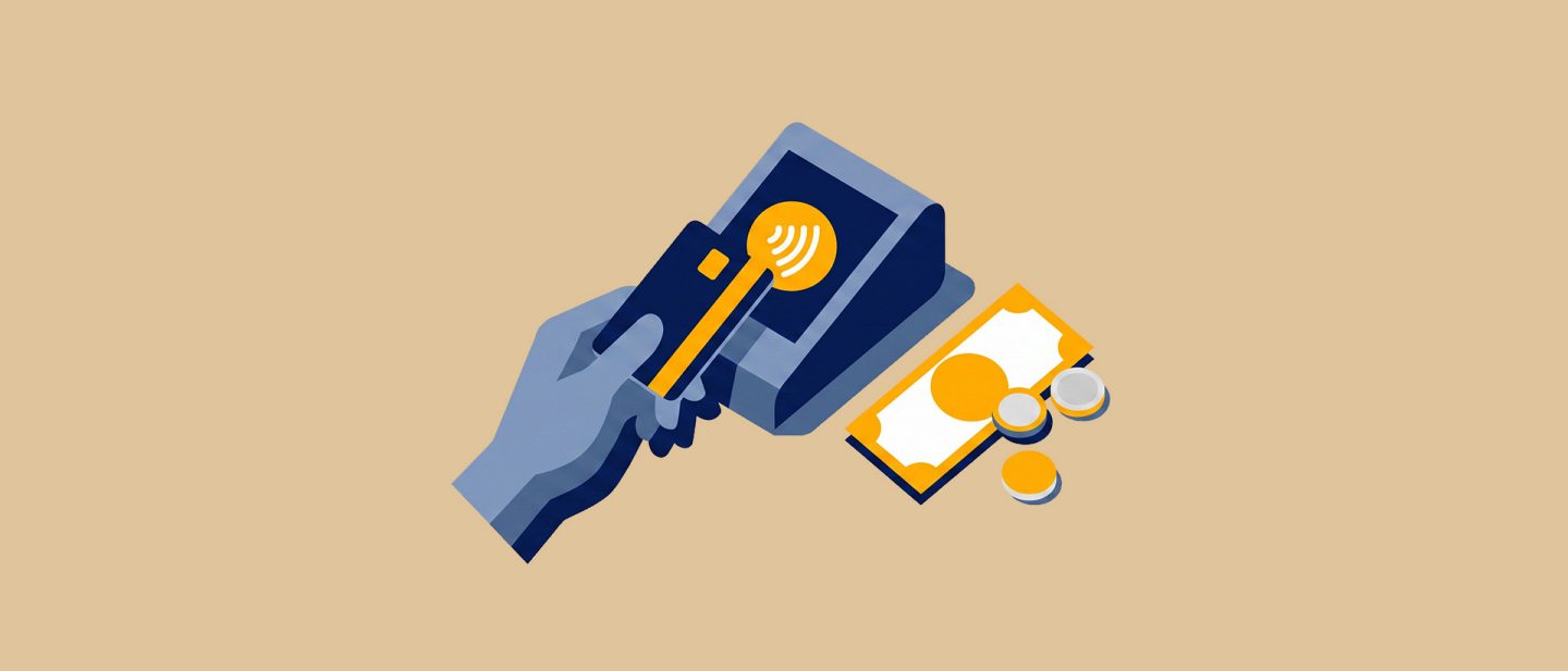 An illustration of a hand holding a credit card over a contactless payment terminal, with a banknote and some coins beside it. 