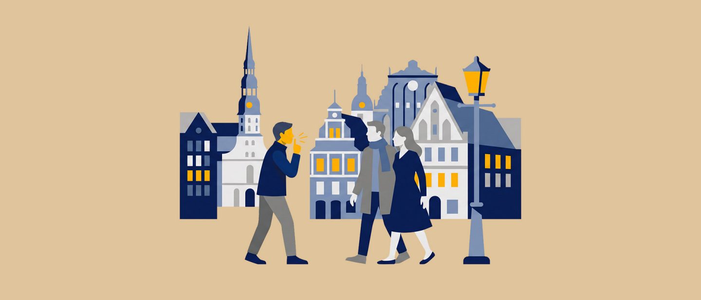An illustration of a city scene in which a man gestures to a couple, indicating that they should keep quiet. 