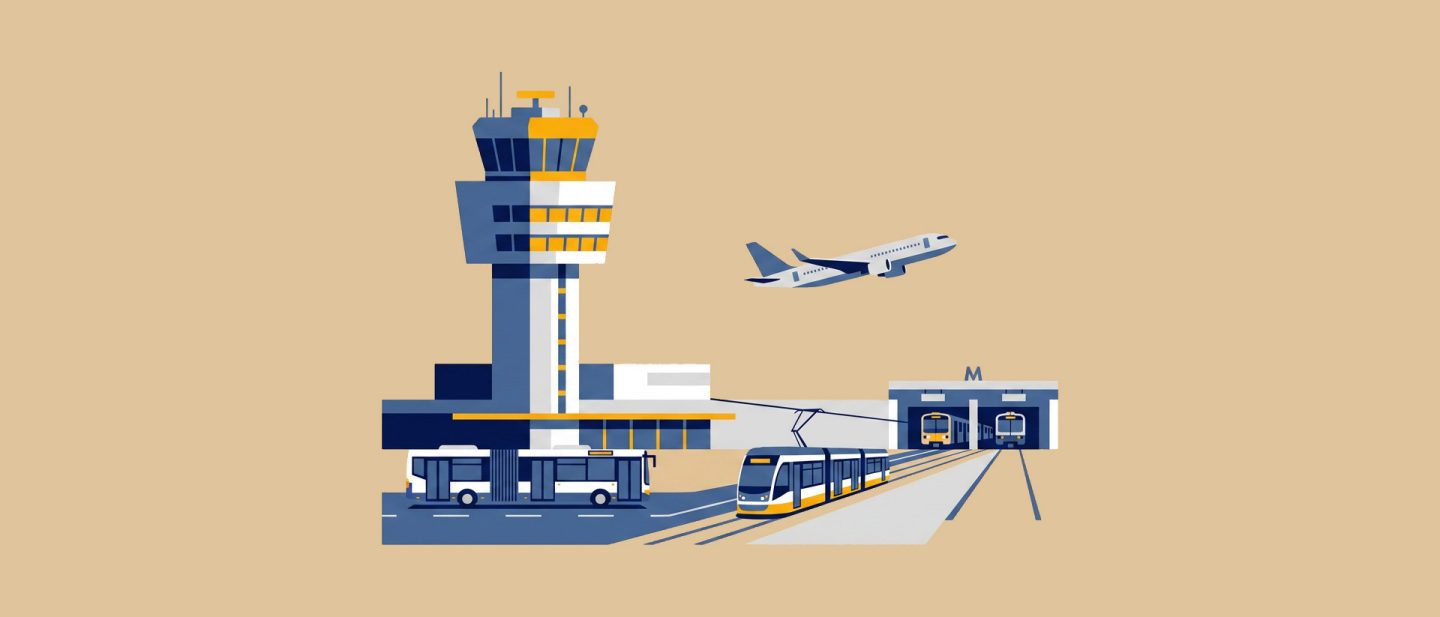 Illustration of an airport control tower with an airplane, a tram, and a bus.