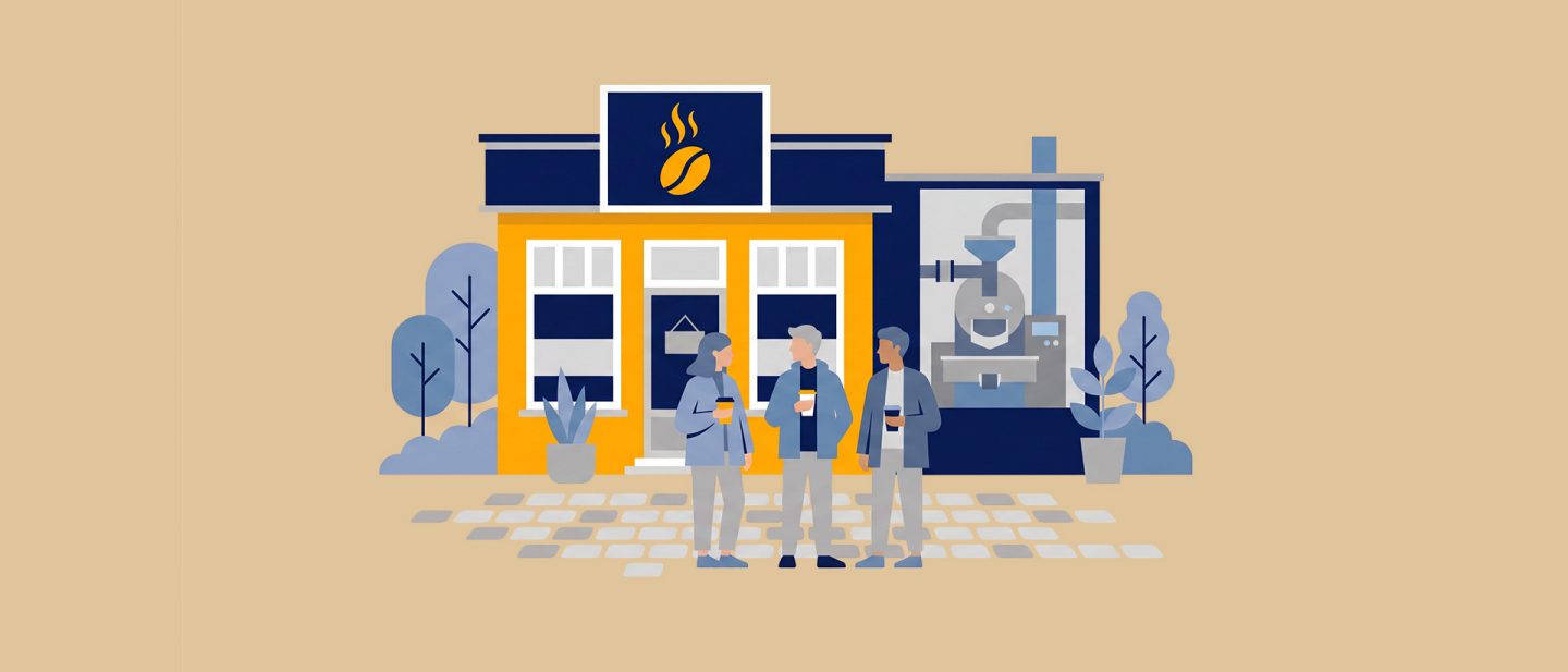 An illustration of a small group of people standing outside a coffee house and chatting. 