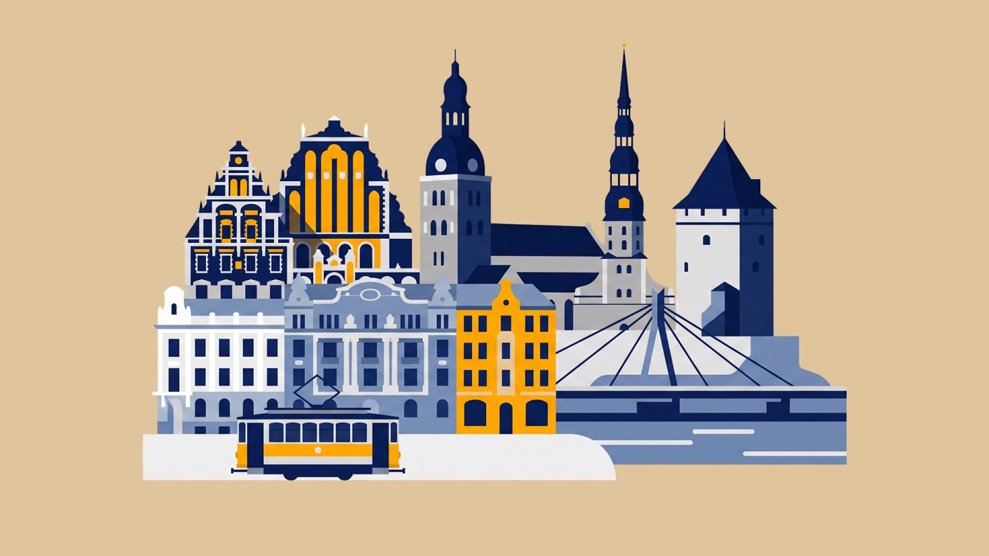 Illustration of the city of Riga, featuring historic buildings, a bridge, and a tram.