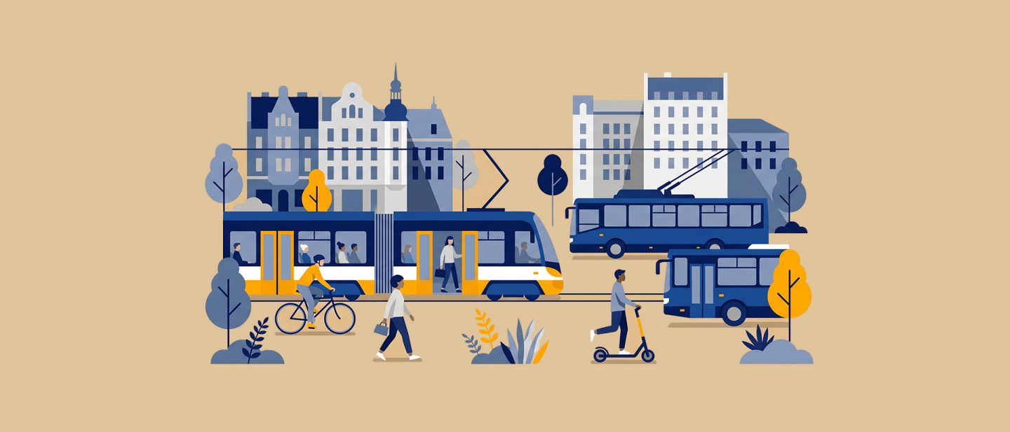 An illustration of a city where people use environmentally friendly modes of transport such as trams, bicycles, and scooters.