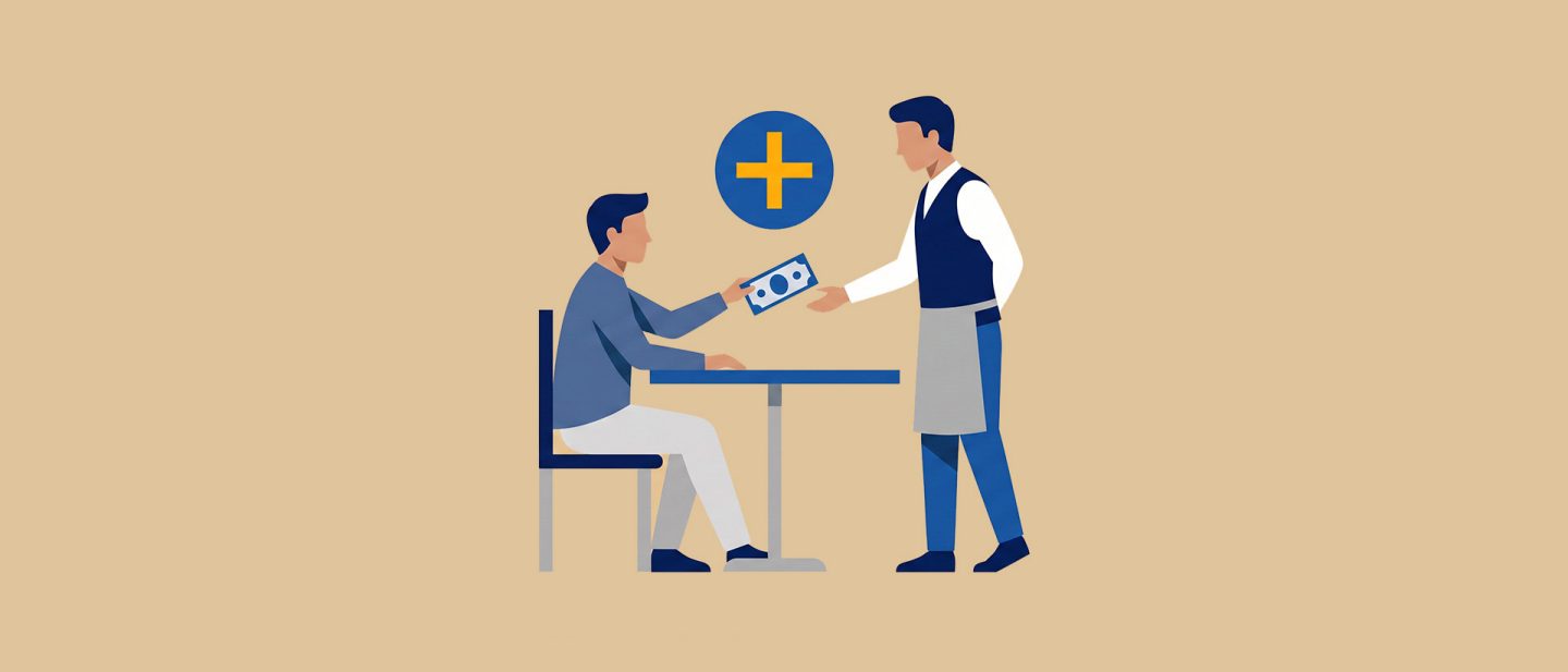 An illustration of a man handing money to a man sitting at a table, with a plus sign above them.
