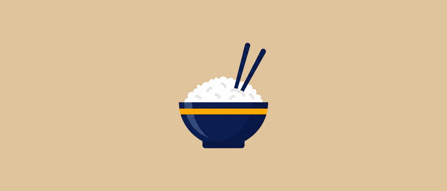 Illustration of a blue bowl filled with rice and chopsticks on a beige background.