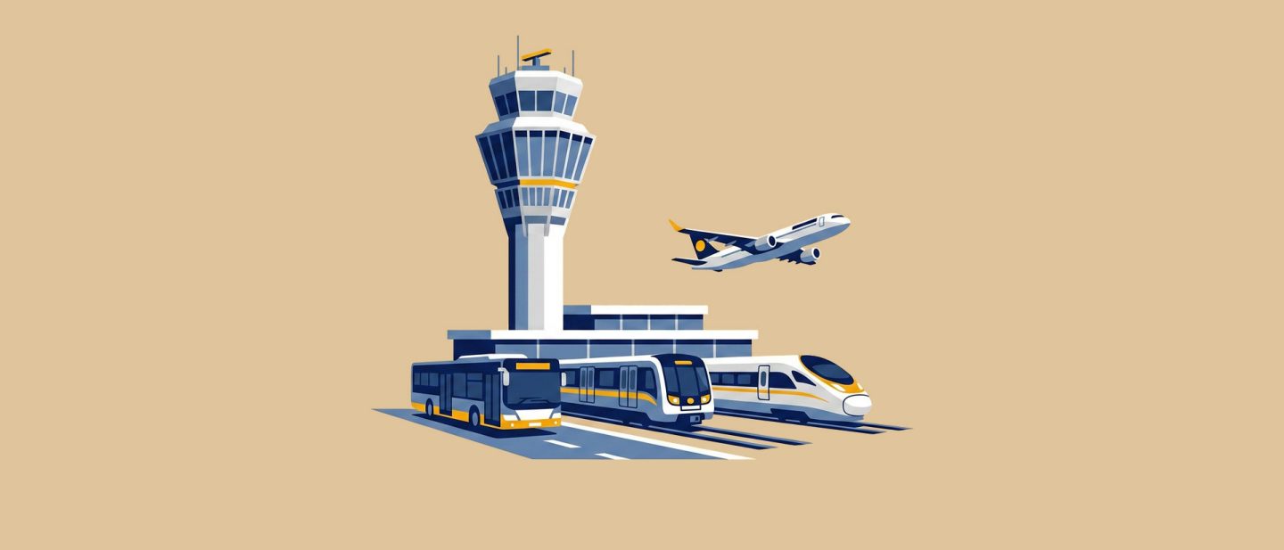 Illustration of an airport control tower with a bus, metro train, high-speed train, and airplane in motion.