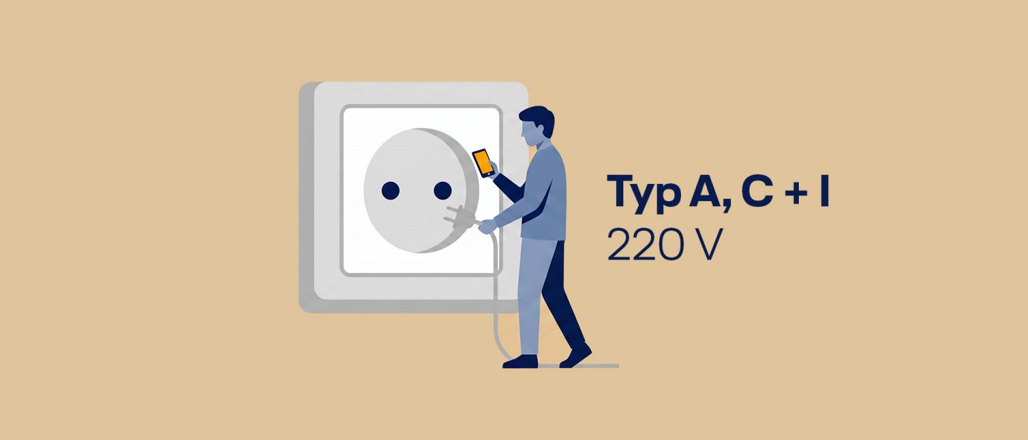 Illustration of a person holding a phone and plug near a Type A, C, and I 220V electrical socket on a beige background.