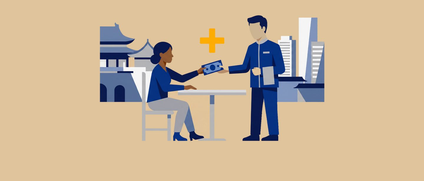 Illustration of a woman paying a man at a table with city and temple buildings in the background.