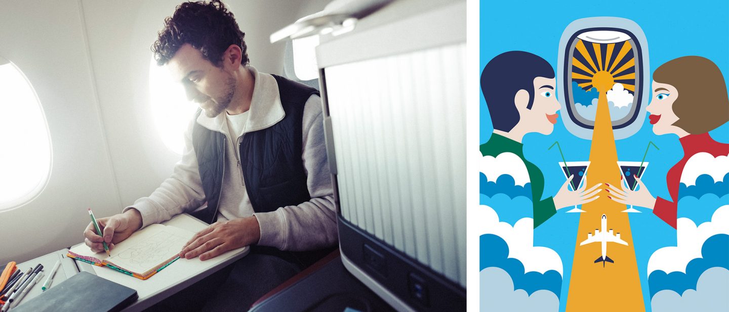 "Left: A man drawing in a notebook inside an airplane Right: Illustration of two people toasting on a plane"