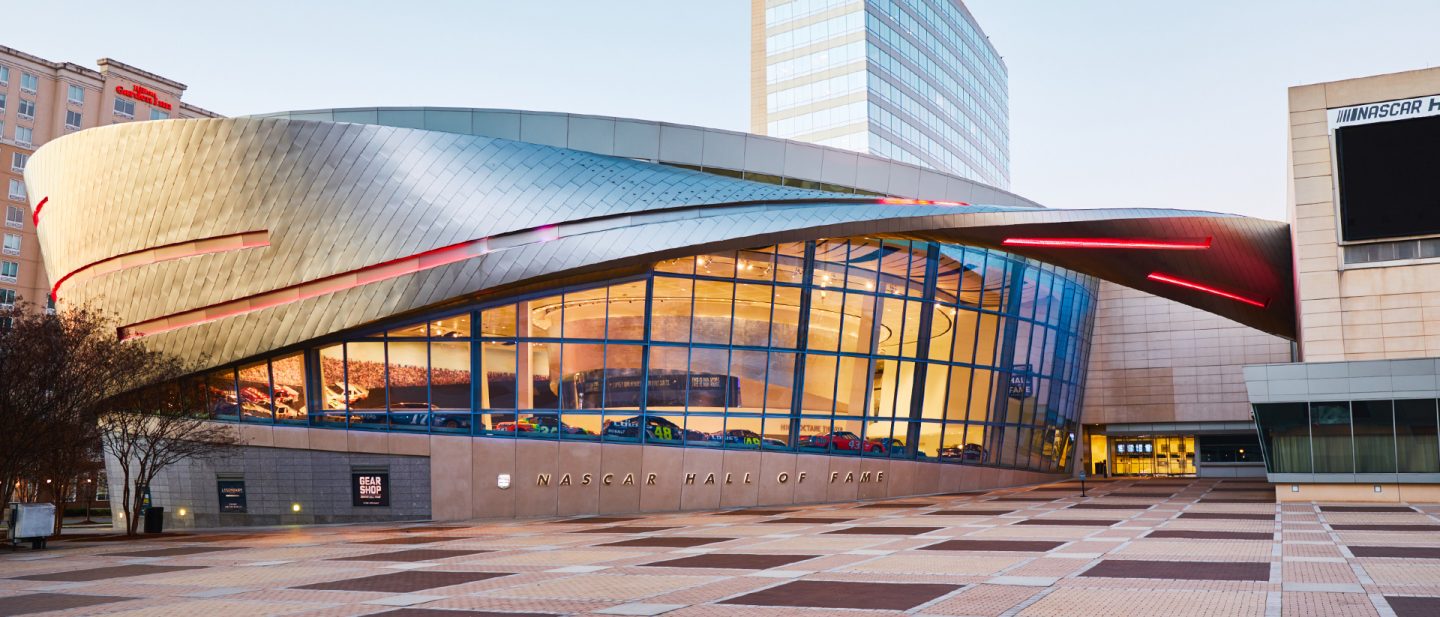 NASCAR Hall of Fame glass facade and plaza in Charlotte