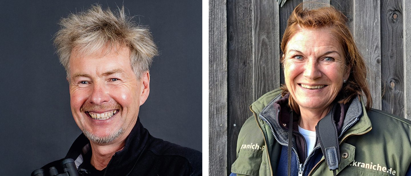 Portraits of a laughing man with binoculars (left) and a smiling woman in outdoor clothing (right)