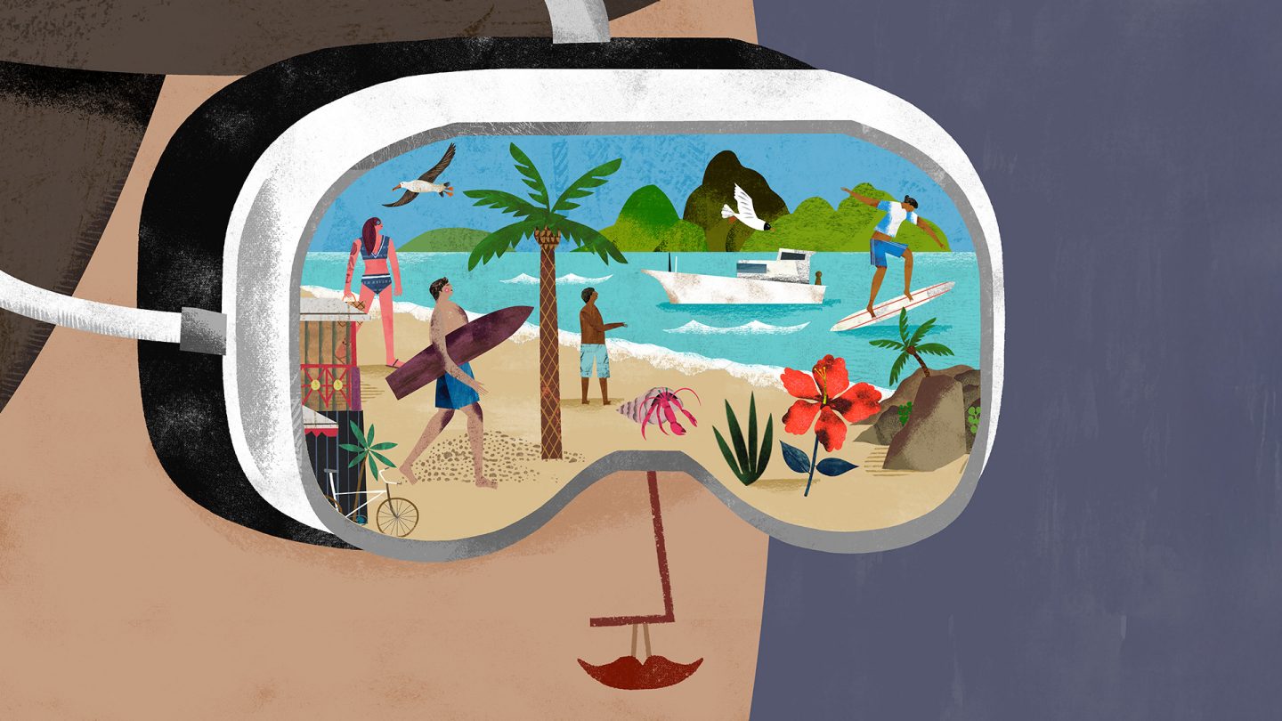 Illustration of a man wearing a VR headset displaying a tropical beach with surfers, a boat, and palm trees.