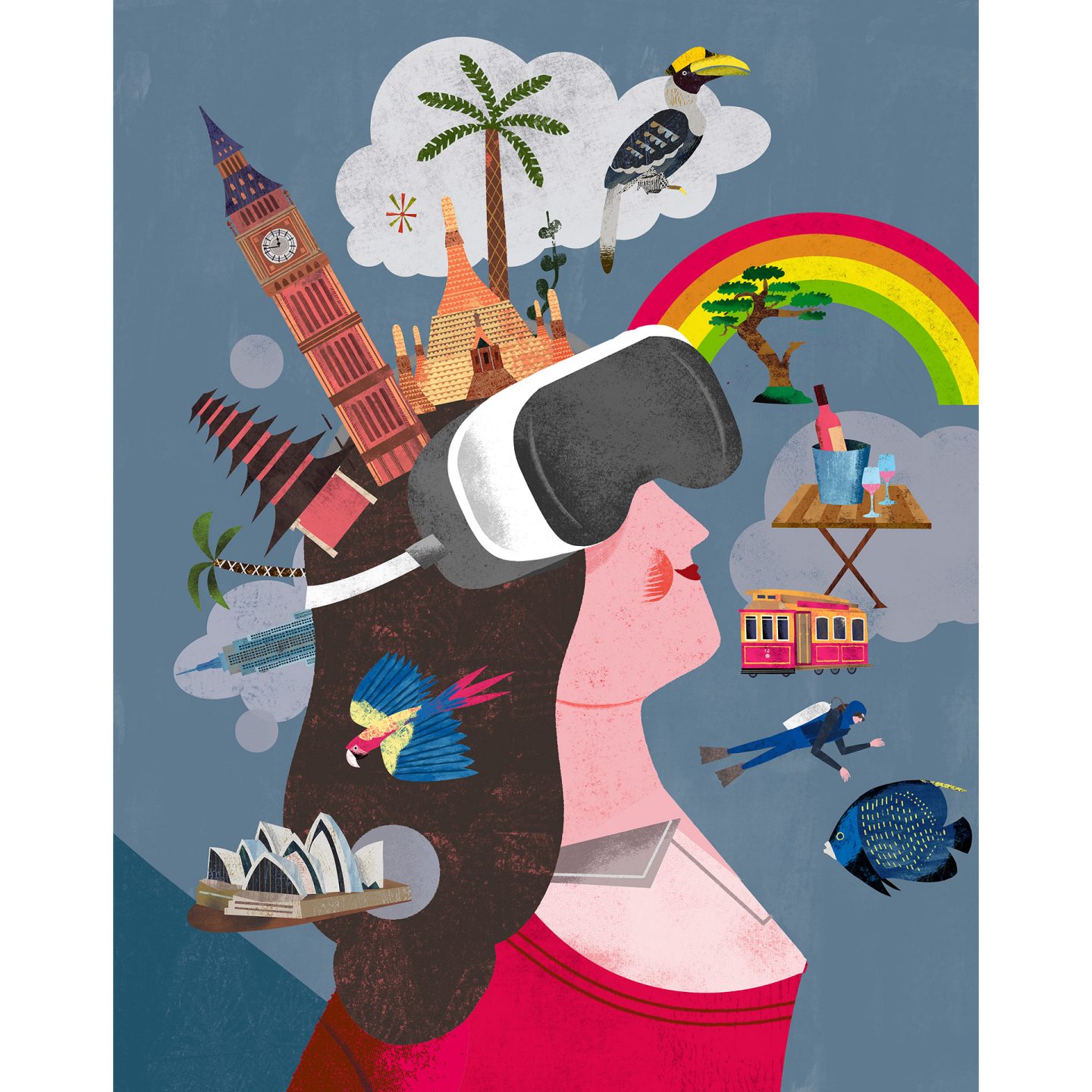 Illustration of a woman wearing a VR headset, from which global landmarks and travel scenes emerge.