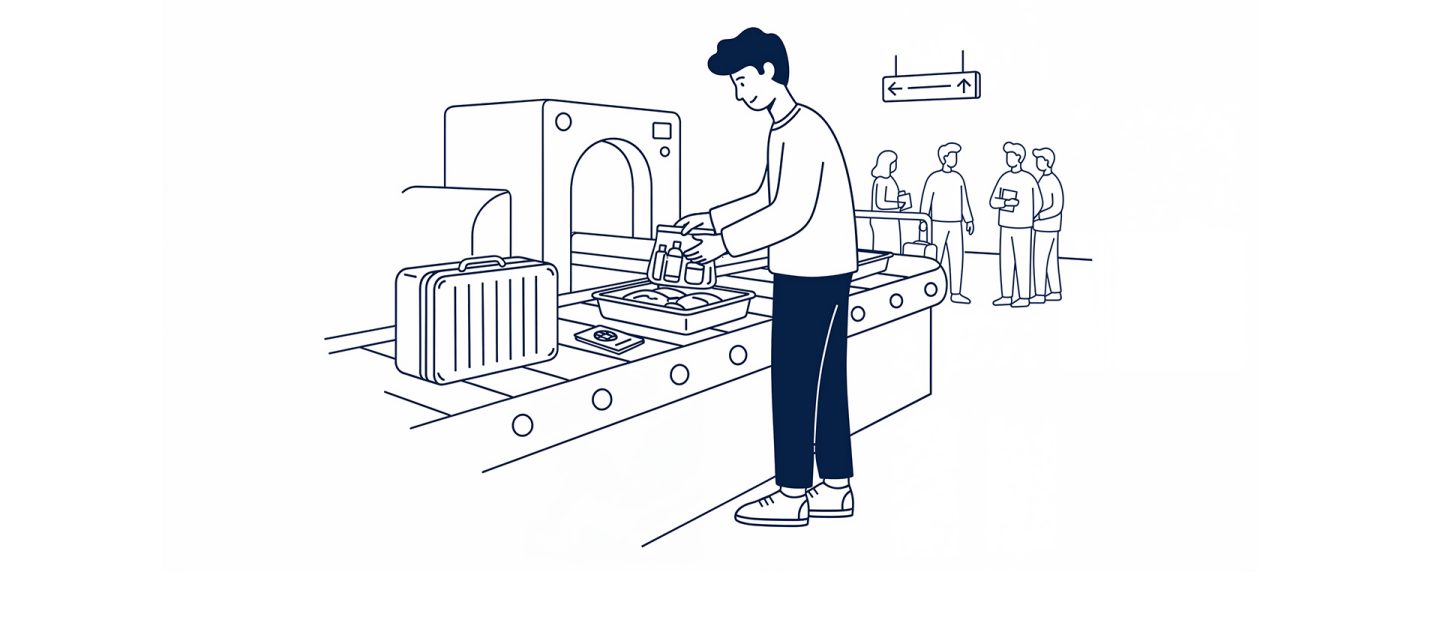 Illustration: Man placing carry-on luggage and liquids into a bin at airport security.