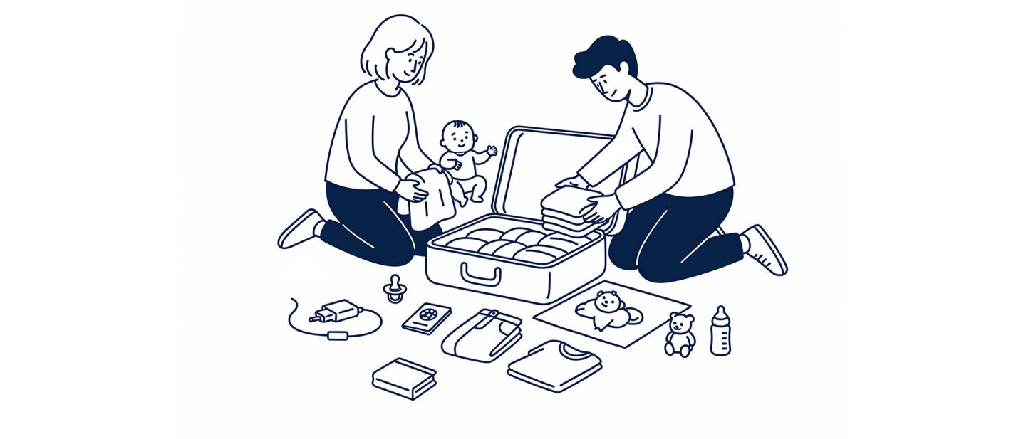 Illustration: Parents with a baby working together to pack clothes, passports, and supplies into a suitcase.