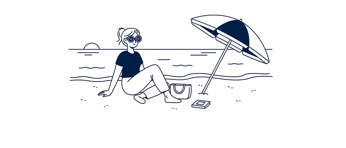 Illustration: Woman wearing sunglasses and relaxing on the beach under a parasol.