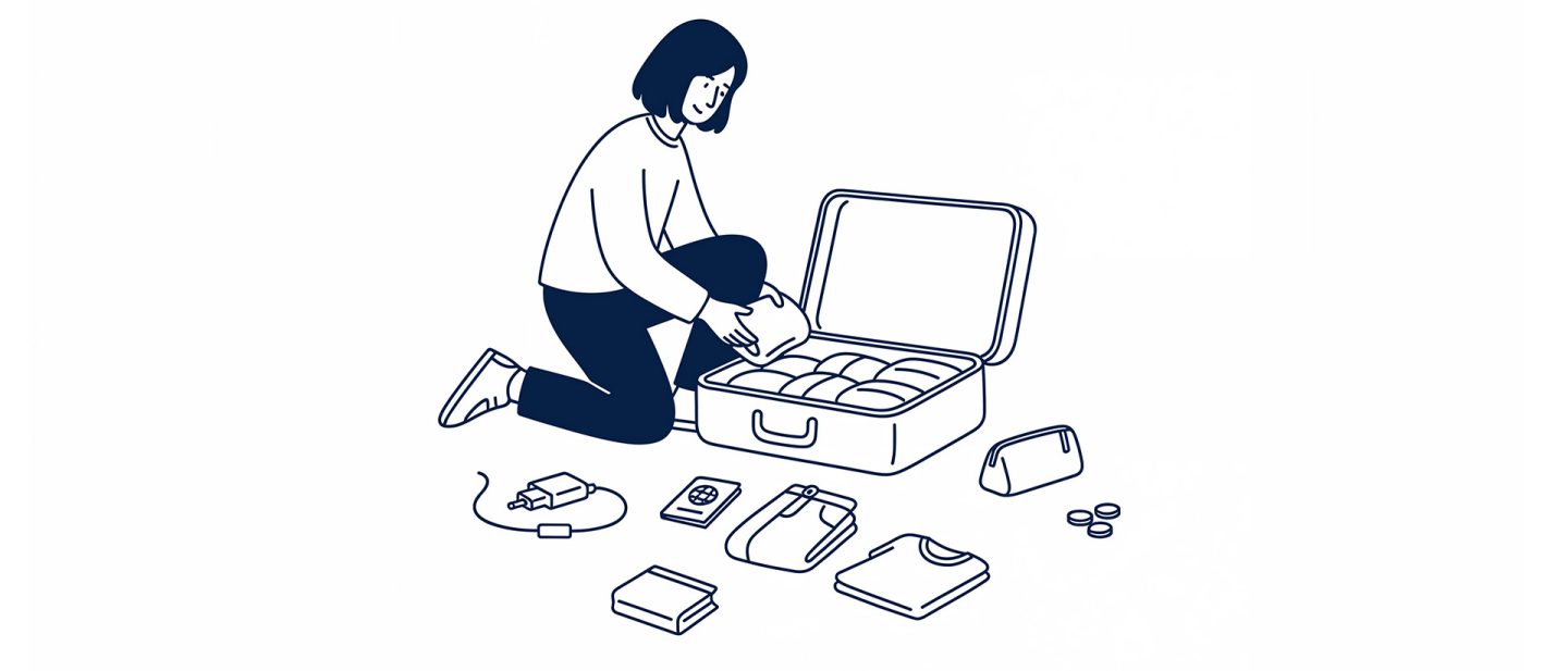 Illustration: Woman packing folded clothes, a passport, and a charger into a suitcase on the floor.