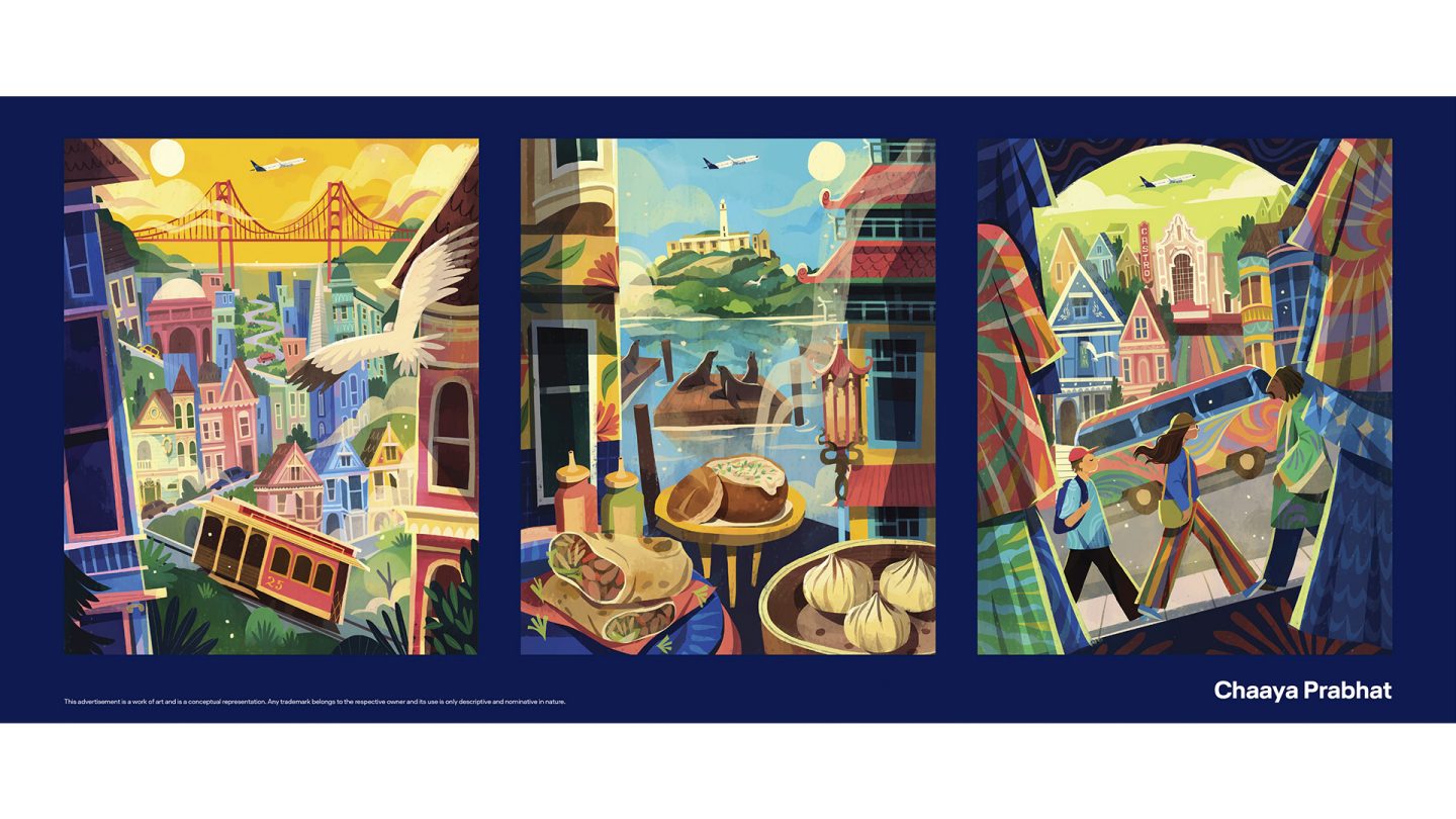 Three colorful illustrations of San Francisco.