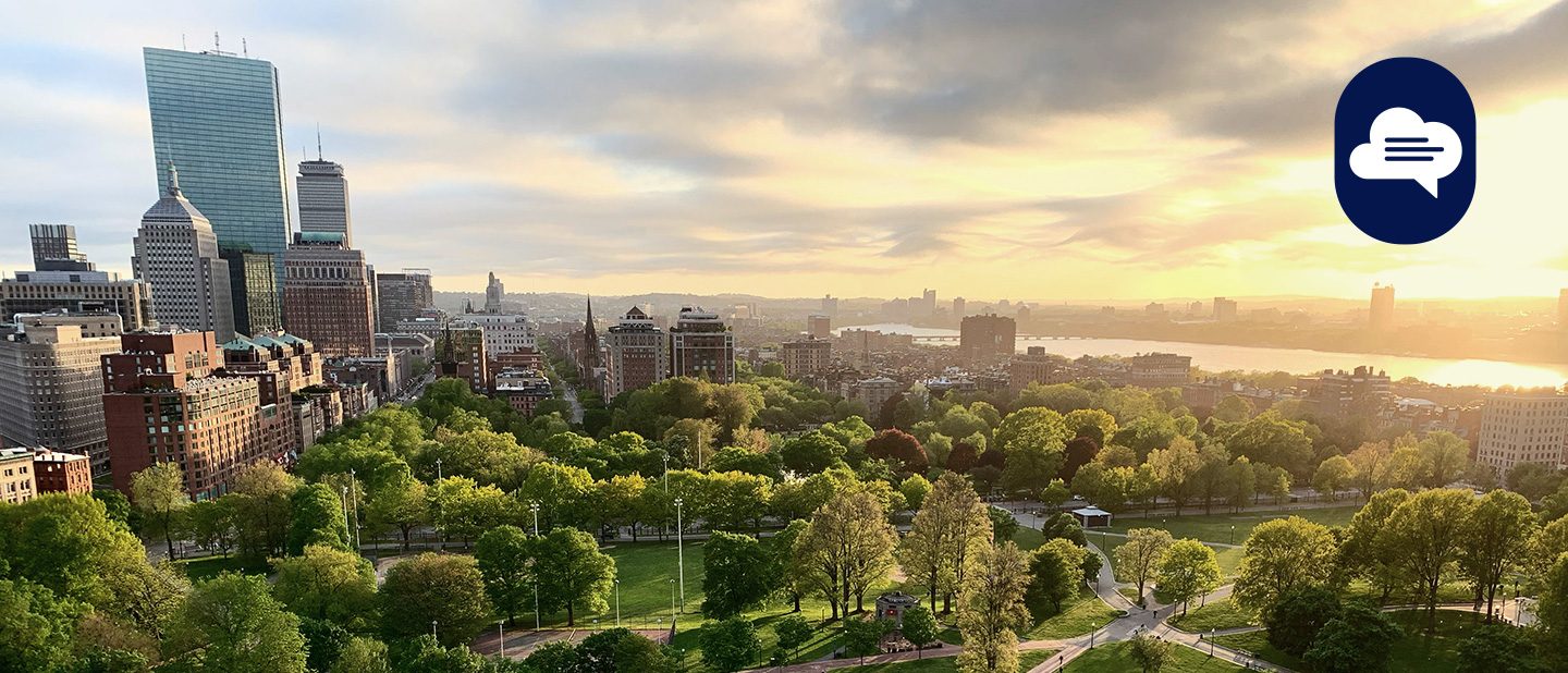 Team Stories: View of the Boston skyline across Boston Common at sunset