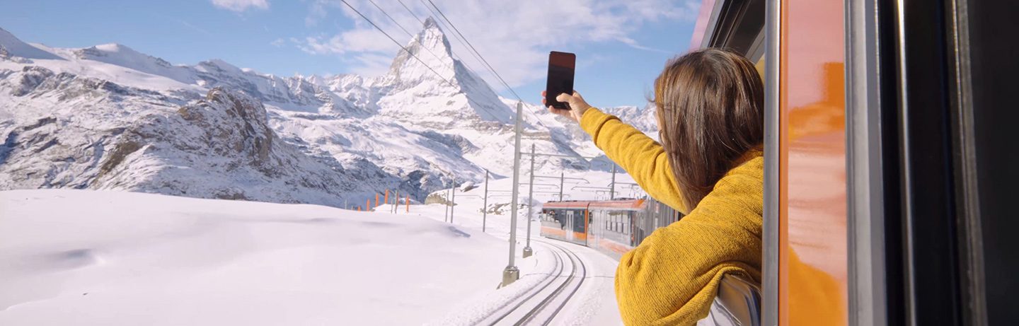  Train ride from Zurich to Valais with view of snowy Matterhorn