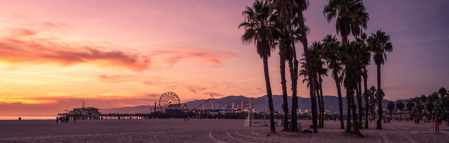 Sandy beach with palm trees and a pier featuring a Ferris wheel against a pink and orange sunset sky.