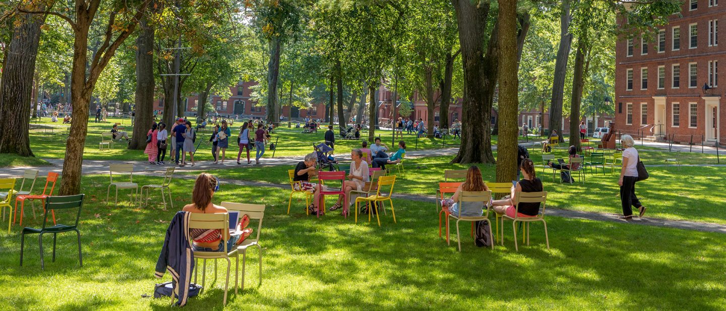Menschen auf bunten Stühlen im sonnigen Harvard Yard in Cambridge