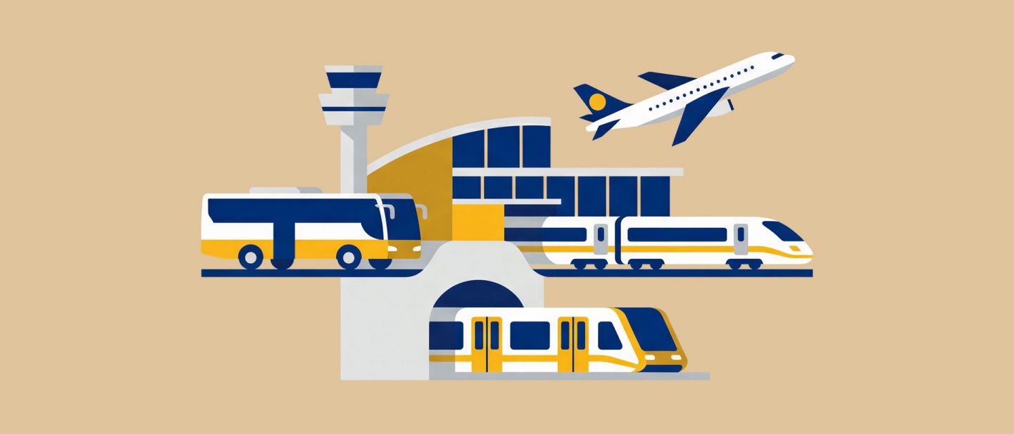 Illustration von Flughafenverkehr mit Flugzeug, Terminal, Bus und Zug